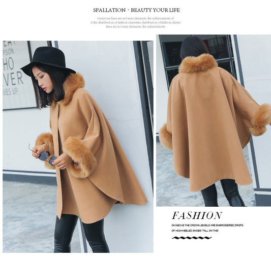 Hooded Faux Fur Collar Warm Women Cloak Cape Winter Coat