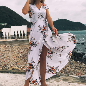 V-neck Flower Print Irregular Long Beach Dress