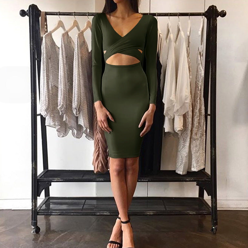 Plunge V-neck Long-sleeved Cut Out Bodycon Dress