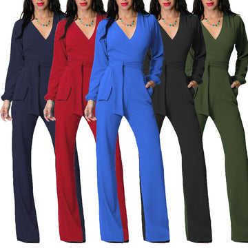 Pure Color Long Sleeve Wrap Style Belt Wide Leg Long Jumpsuit