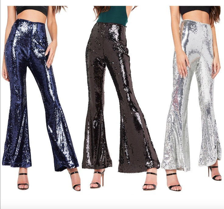 Shinning Sequins High Waist Solid Color Long Bell-bottomed Pants