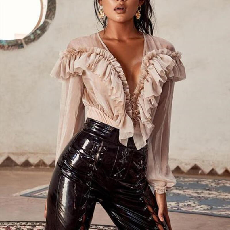 Zipper V-neck Fabala Long Sleeves Ruffles Bodysuit