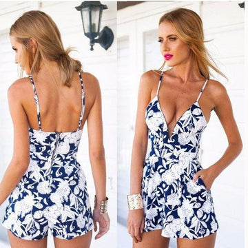 Floral Print Spaghetti Strap V-neck Sleeveless Short Jumpsuits - Meet Yours Fashion