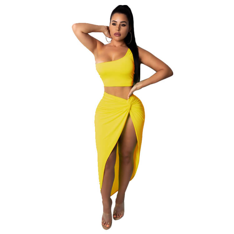 One Shoulder Crop Top Irregular Short Skirt Set