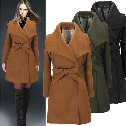 Turn-down Collar Mid-length New Wool Coat With Belt on