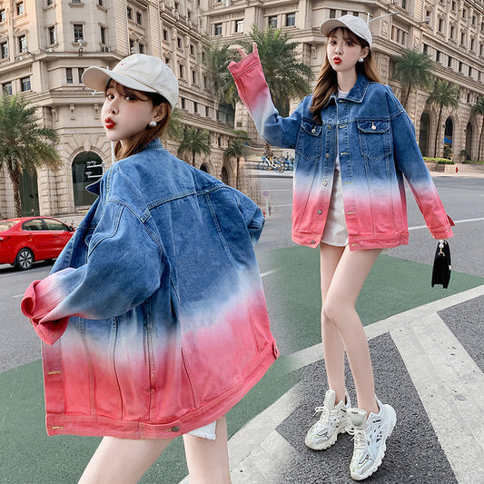 Pink Gradient Denim Jacket Loose Jacket Tie Dyed Men's And Women's Lovers Jacket