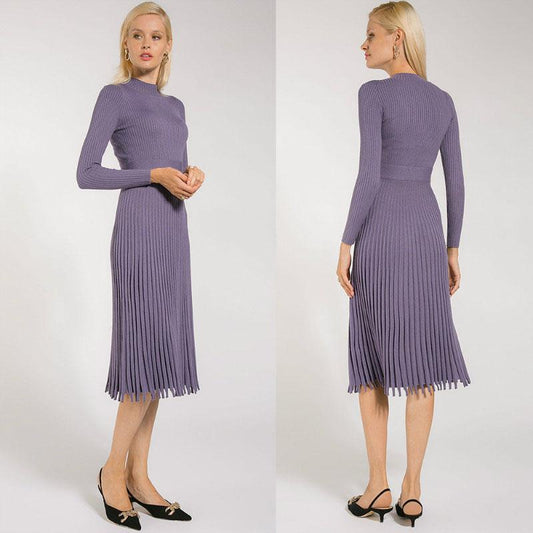 Long Sleeve Knitted Midi Pleated Dress