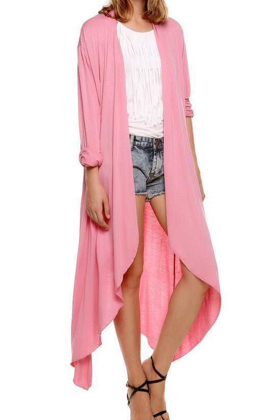 Pure Color Irregular Long Sleeves Scoop Long Cardigan