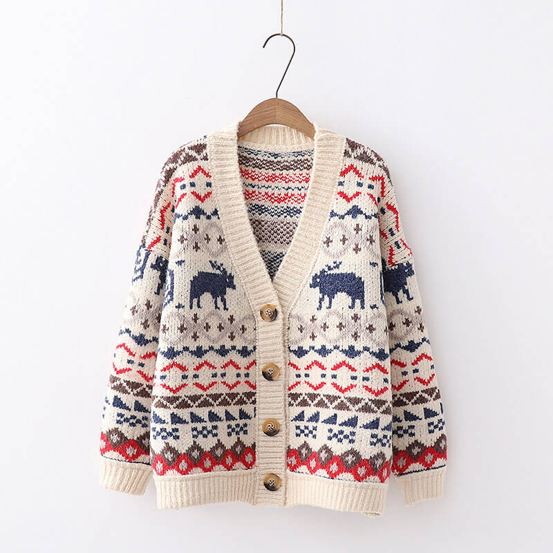 Christmas Reindeer Button Cardigan Sweater