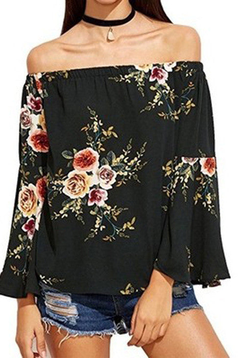 Off Shoulder Flower Print Long Trumpet Sleeves Loose Blouse