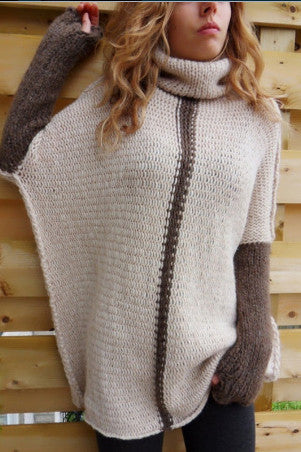 Long Sleeves Patchwork High Neck Long Pullover Sweater