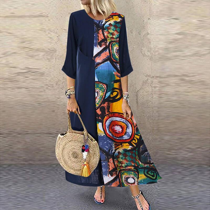 Colorblock Patchwork Loose Linen Dress