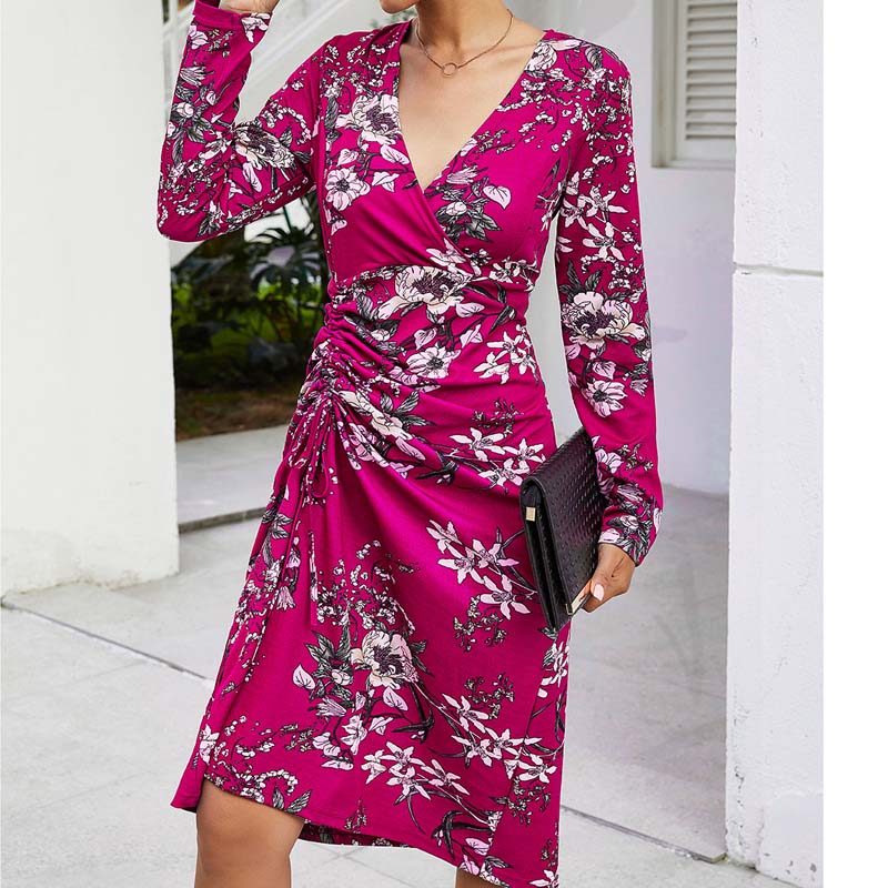 Floral V Neck Frills Slit Wrap Dress