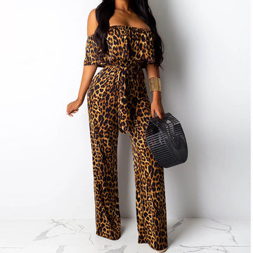 Leopard Off Shoulder Wide Leg Jumpsuits