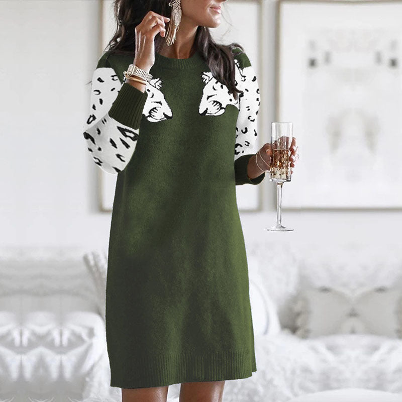 Leopard Print Knit Short Sweater Dress