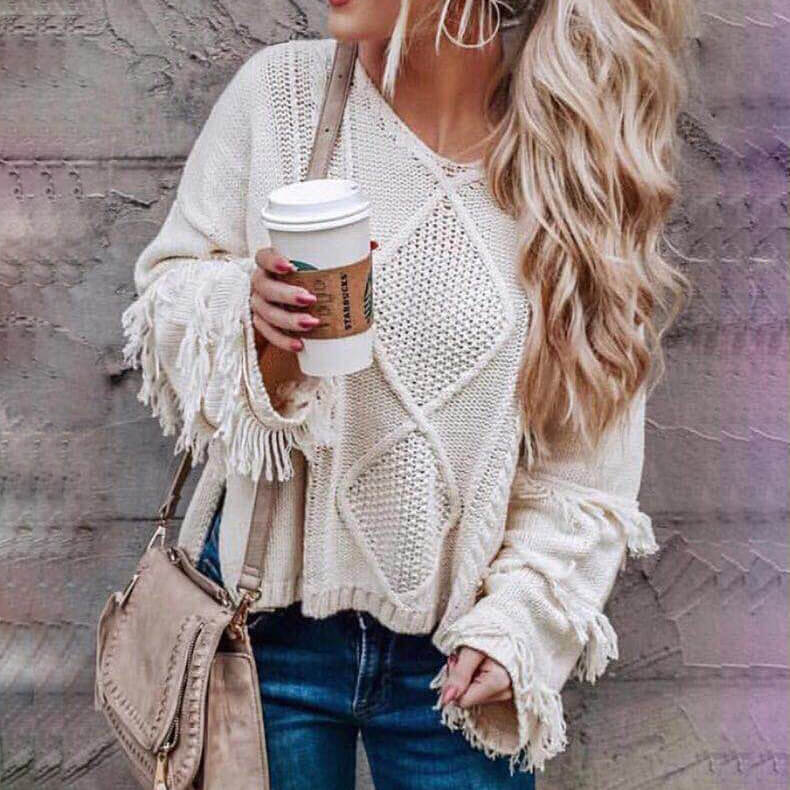 Fashion V Neck Fringe Pattern Knitting Sweater