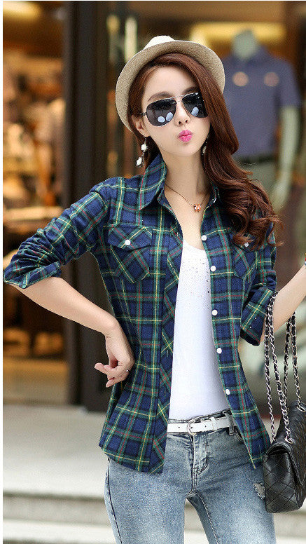 Turn-down Collar Plaid Flower Print Long Sleeves Slim Button Blouse