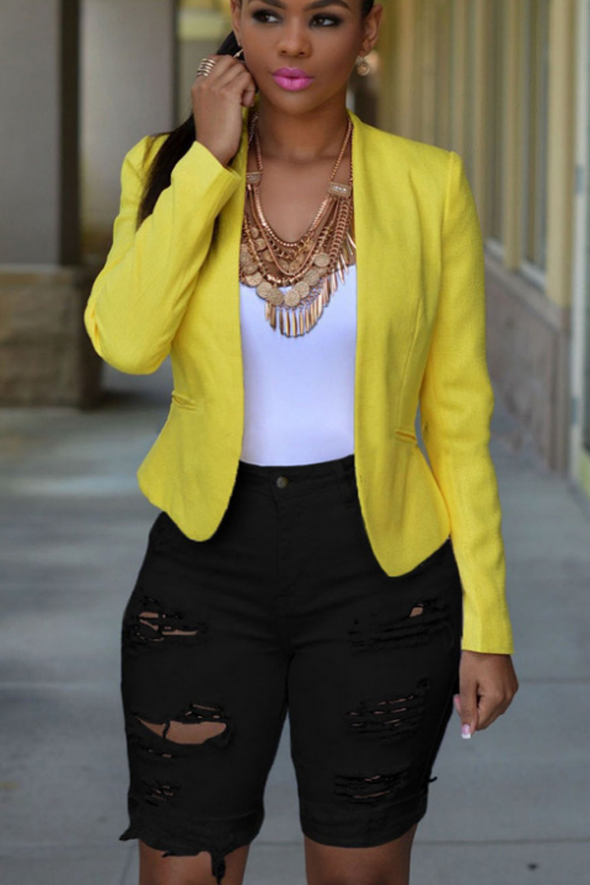 High Waist Hole Pure Color Slim Denim Long Shorts