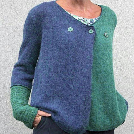 V Neck Colorblock Patchwork Knit Sweater