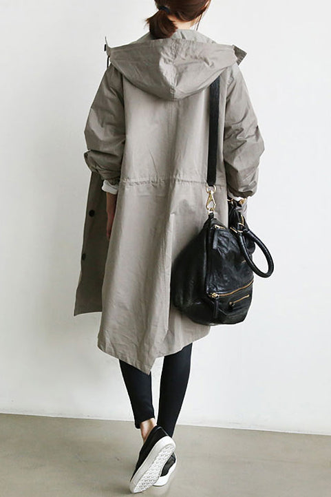 Solid Color Button Loose Long Hooded Coat