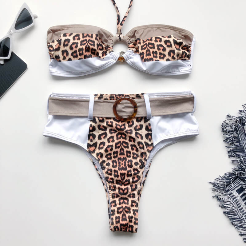 Halter Leopard Colorblock High Rise Triangle Bikinis