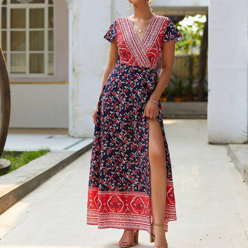 Boho Style Floral Long Wrap Dress