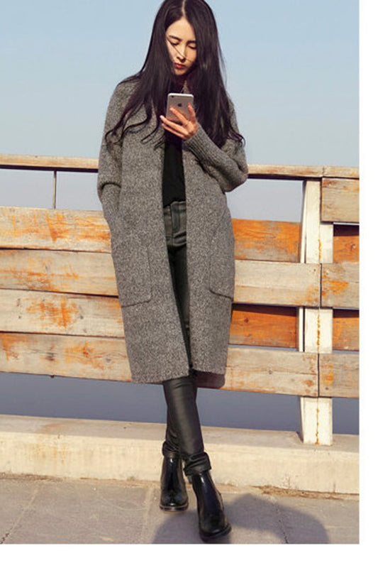 Pure Color Long Sleeves Two Pockets Long Cardigan