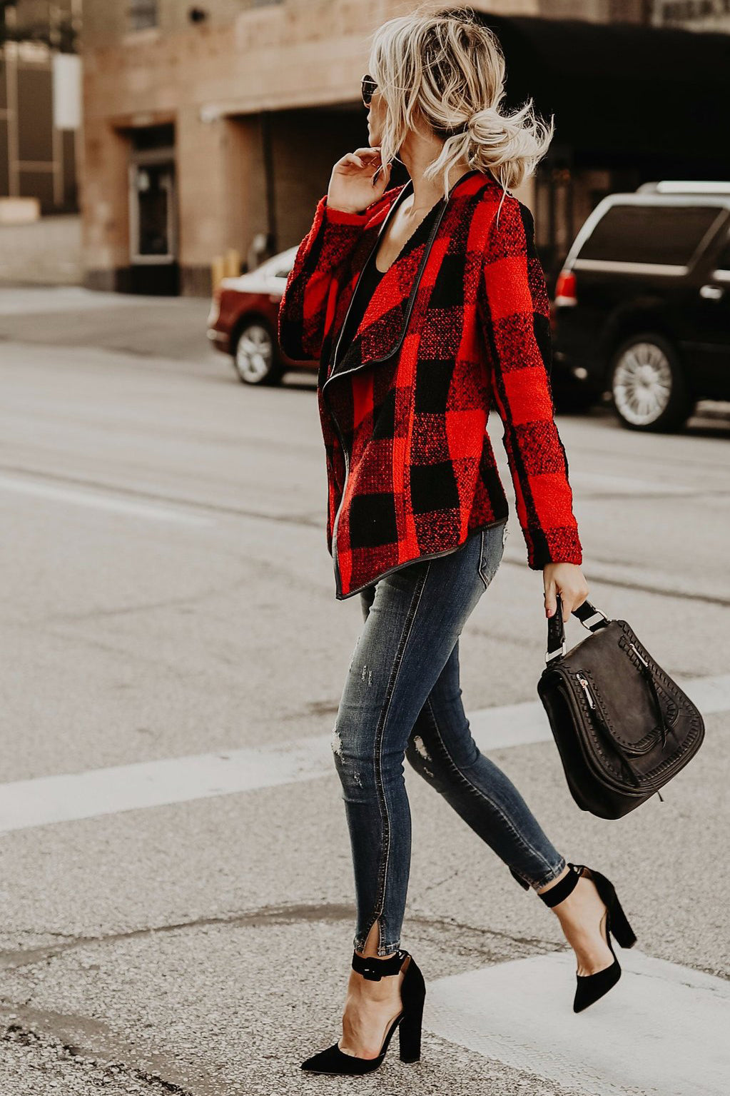 Plaid Lapel Loose Color Block Irregular Short Cardigan Coat