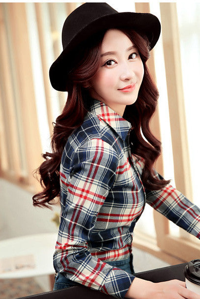 Long Sleeves Slim Plaid Turn-down Collar Flower Print Blouse