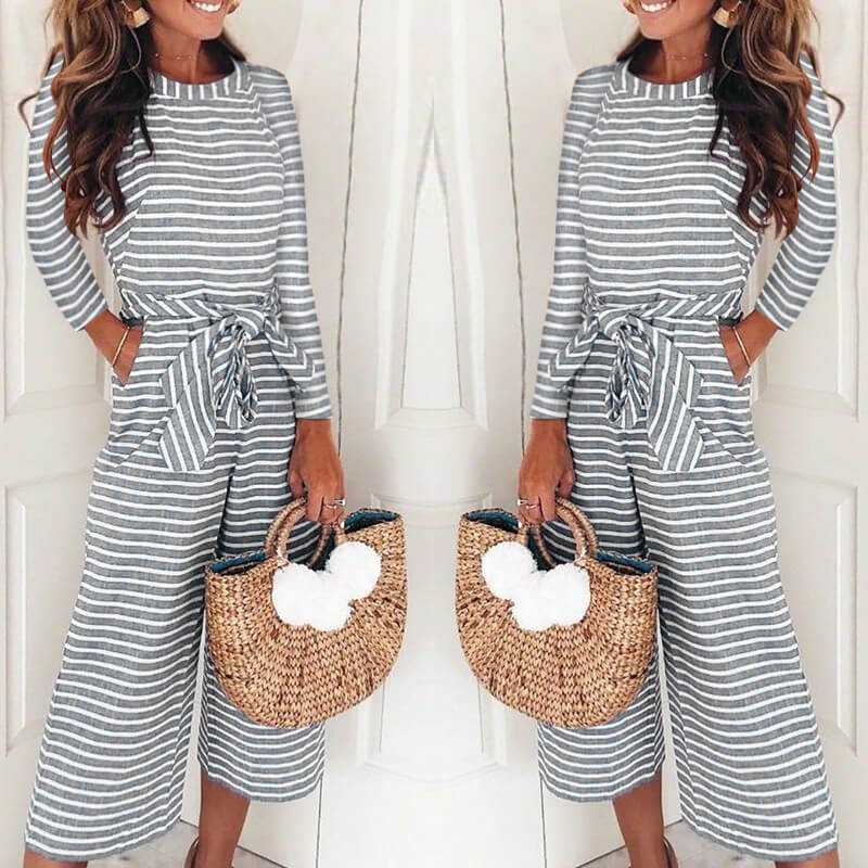 Long Sleeves Wide Leg Stripe Cropped Jumpsuit