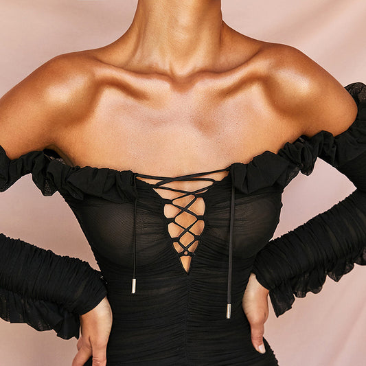 Black Off Shoulder Mesh Sheer Ruffle Bodycon Dress