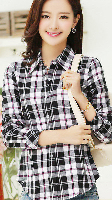 Plaid Turn-down Collar Flower Print Long Sleeves Slim Button Blouse