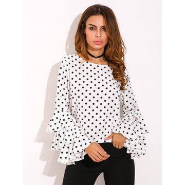 Polka Dot Long Trumpet Sleeves Chiffon Blouse