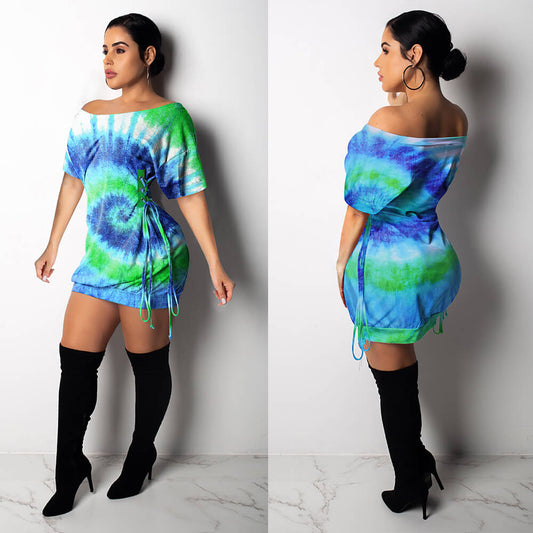 Multicolor Lace Up T Shirt Short Dress