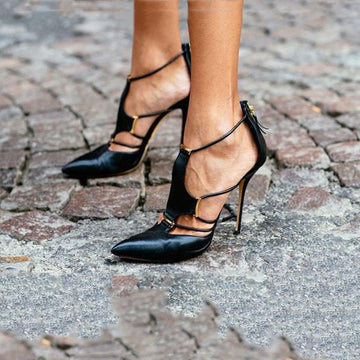 Sexy Black Leather Point Toe Cutout High Heels