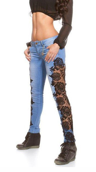 Lace Patchwork Bodycon Slim Low Waist Straight Jeans - Meet Yours Fashion - 2