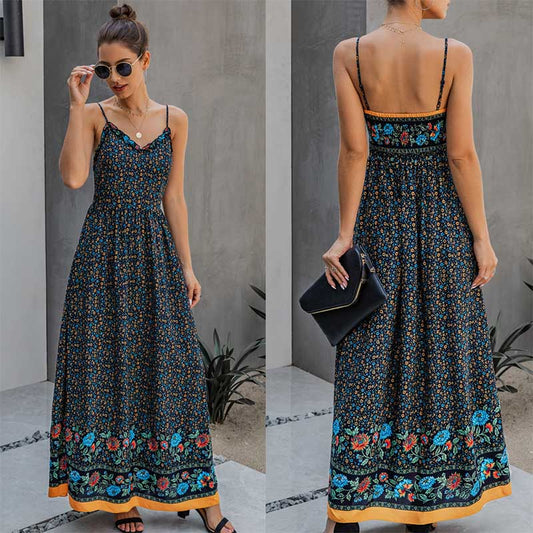 Floral Backless Empire Waist Beach Dress