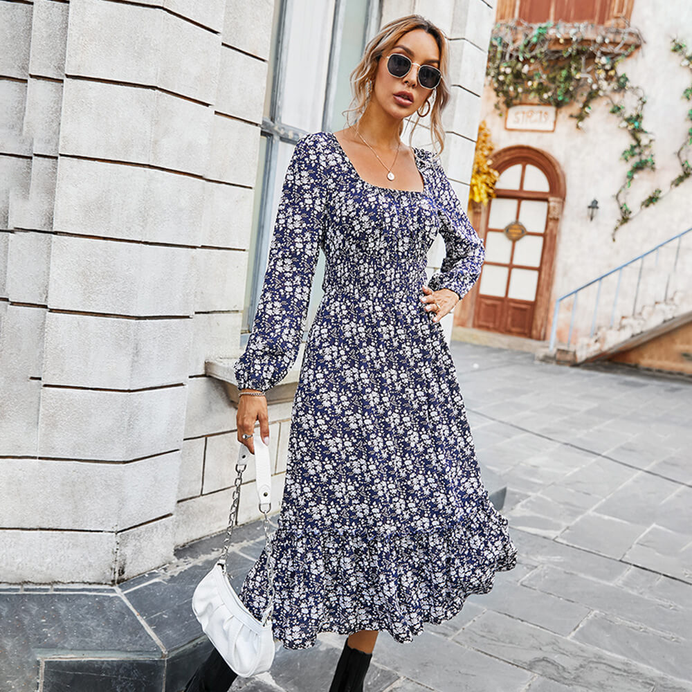 Retro Square Neck Floral Long Dress