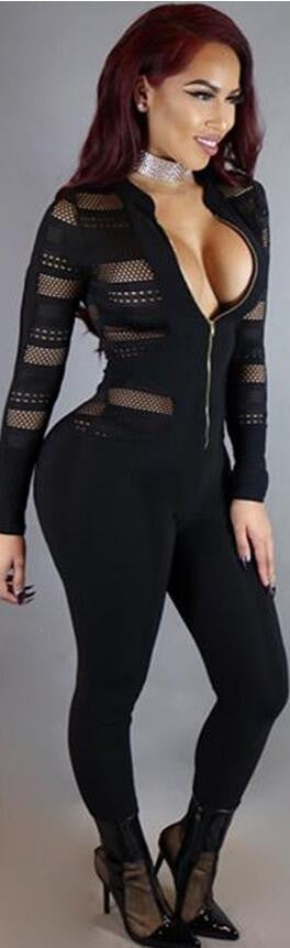 Black Hollow Out Zipper Long Sleeve Slim Long Jumpsuit