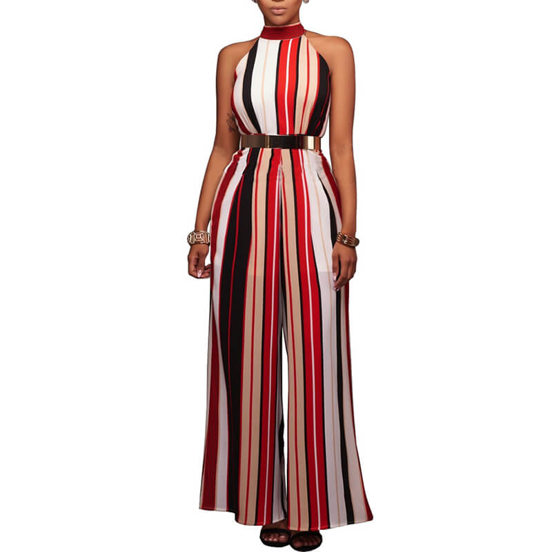 Stripes Cold Shoulder Wide Leg Jumpsuit