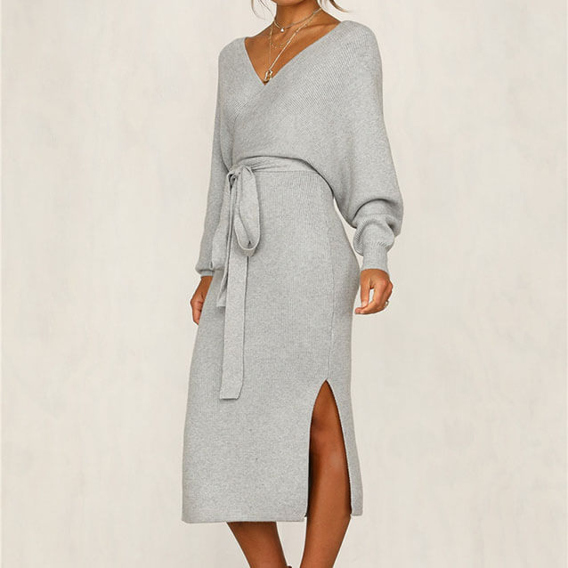 Tight V Neck Knit Wrap Dress