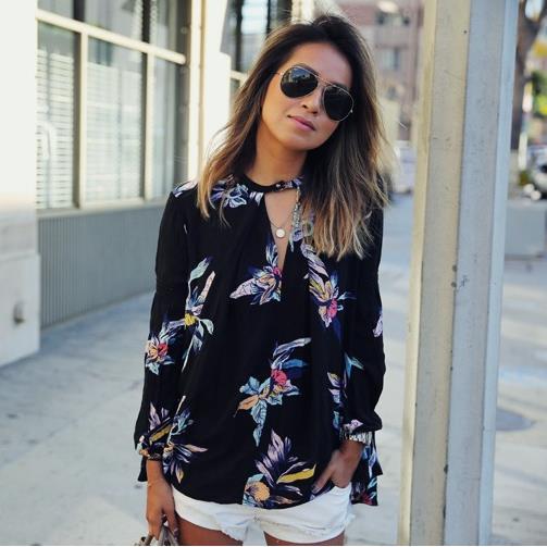 Flower Print Irregular Chiffon Long Sleeves Plus Size Blouse