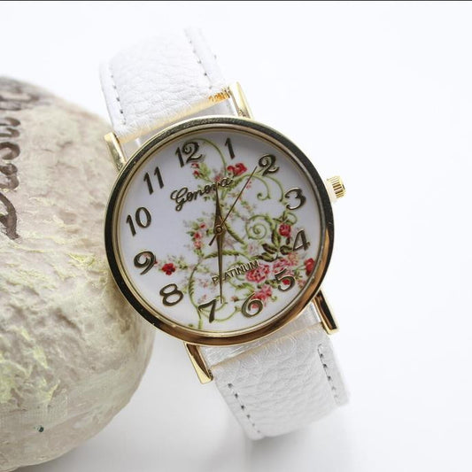 Classic Flower Print Leather Watch