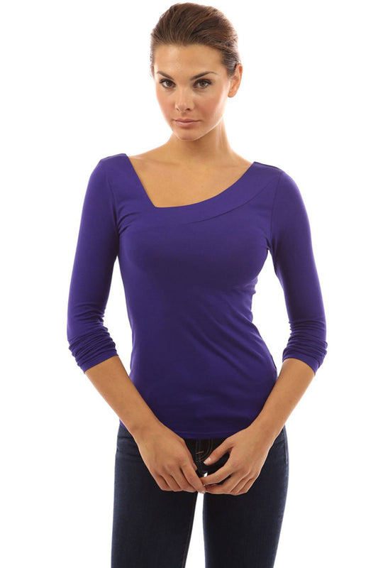 Pure Color Tilted V-neck Long Sleeves Slim T-shirt