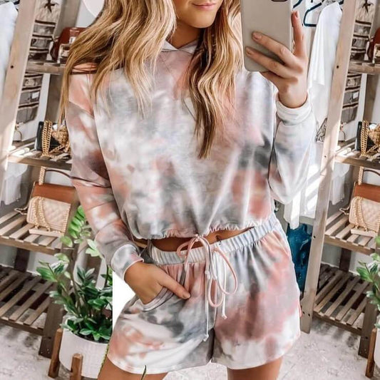 Pajamas Tie Dye Loose High Waist Long Sleeve Hooded Two Pieces Set