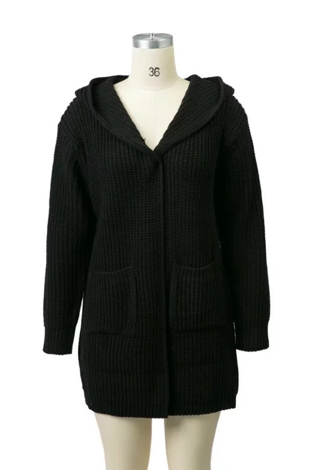 Loose Pure Color Pocket Hooded Long Loose Cardigan