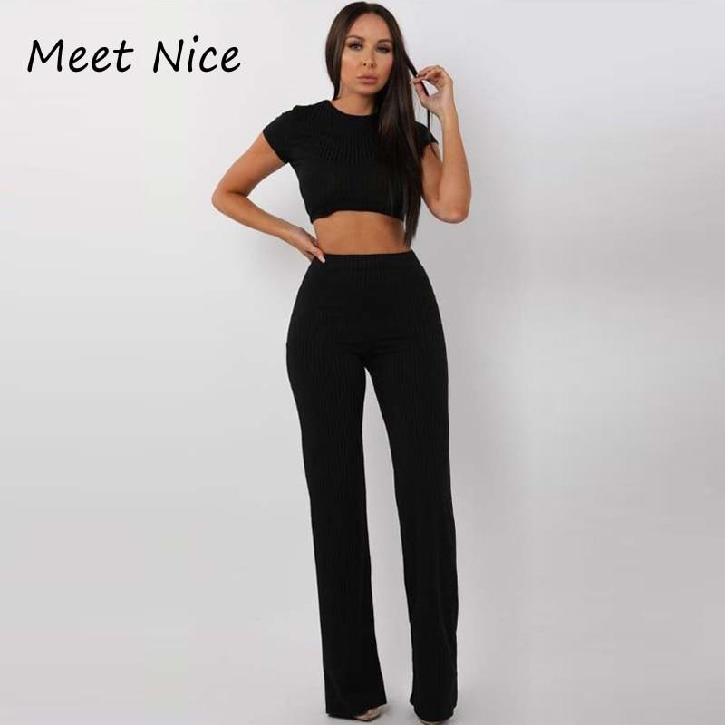 Two Piece Set Women Ribbed O Neck Crop Top and Long Pants Set Sexy Autumn Short Sleeve Tracksuit