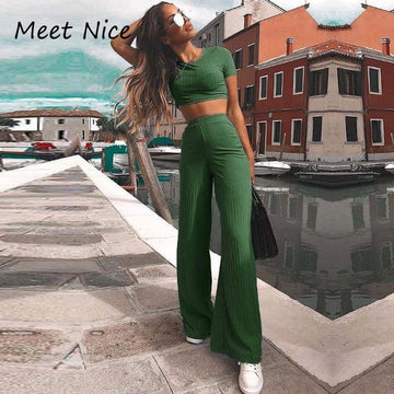 Two Piece Set Women Ribbed O Neck Crop Top and Long Pants Set Sexy Autumn Short Sleeve Tracksuit