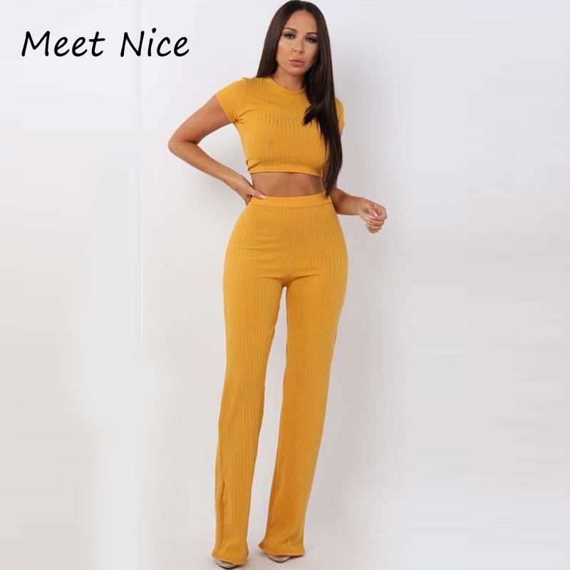 Two Piece Set Women Ribbed O Neck Crop Top and Long Pants Set Sexy Autumn Short Sleeve Tracksuit