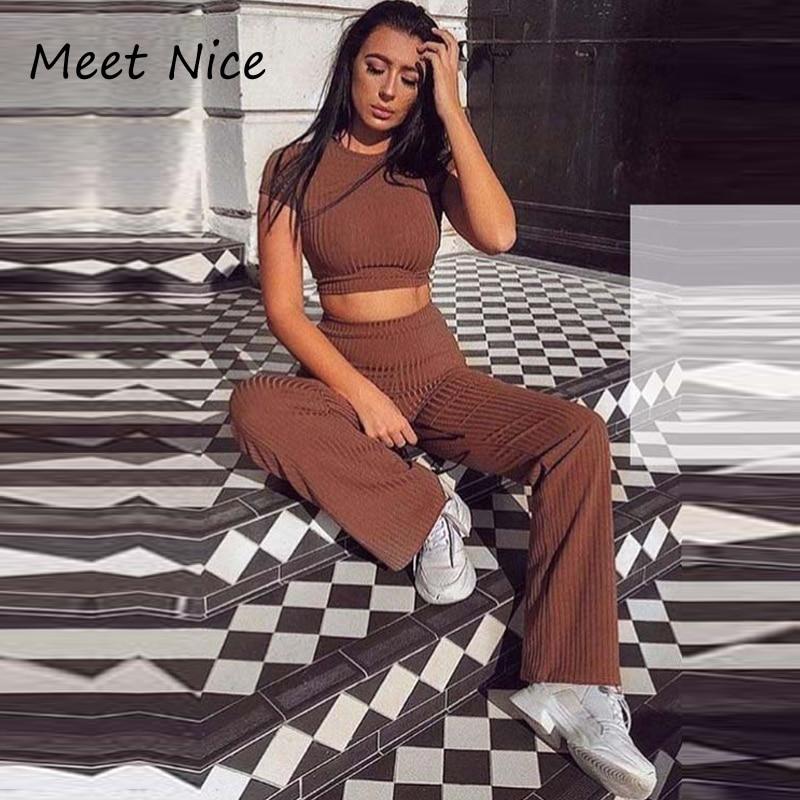 Two Piece Set Women Ribbed O Neck Crop Top and Long Pants Set Sexy Autumn Short Sleeve Tracksuit